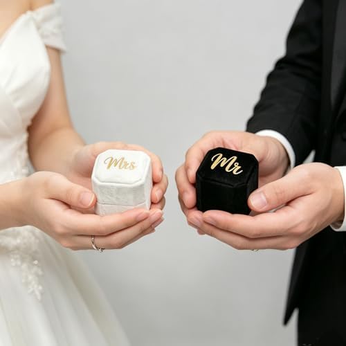 Mr & Mrs Wedding Ring Box - Engagement Ring Box Ring Display Holder Case with Lid for Proposal Engagement Wedding, 1.77x1.77x1.77 IN U2-PRB009-mr mrs Black White