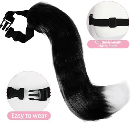 Cat Ears and Tail,Wolf Fox Ears Long Tail and Bell Lace Choker Set for Halloween,Animal Cosplay Party Costume