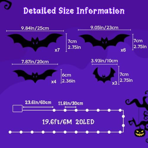 Halloween Bats Fairy Lights Wall Decor, 20 Packs Lighted Bats Stickers with Timer Halloween Party Wall Window Indoor Home Decorations
