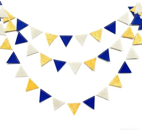 Blue Gold Beige Party Decoration Royal Gold Glitter Felt Hanging Triangle Mini Bunting Pennant Banner Flag for Birthday Wedding Shower Graduation Nautical Ahoy Achor Party Decor Supplies