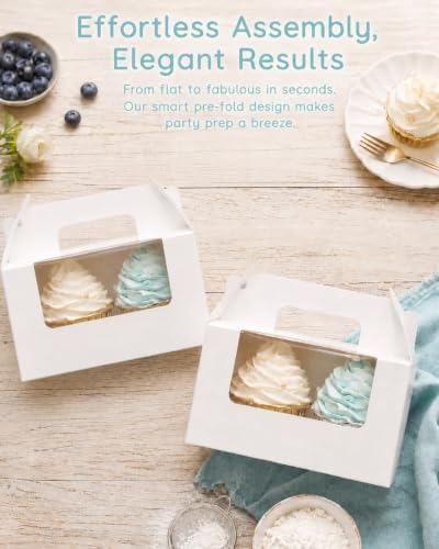 qiqee Cupcake Box Two Holder 6.5x3.6x3.5inch(2.2" Top) 50pcs White 2 Cupcake Boxes With Window