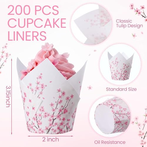Maxdot 200 Pcs Cherry Blossom Tulip Cupcake Liners for Baking Cherry Blossom Paper Muffin Baking Cups Pink Flower Tulip Muffin Liners Wrappers for Bridal Showers Wedding Tea Birthday Party