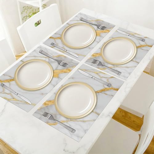 Marble Abstract White Gold Modern Luxury Placemats Set of 6, 12x18 Inch