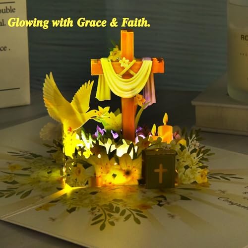 VIVIKEN Confirmation Pop Up Card with Lights, 3D Musical Religious Cards