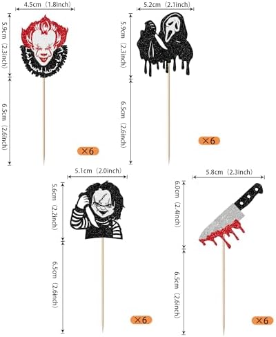 24 Pack Halloween Cupcake Toppers Glitter Scary Killer Cupcake Picks Knife Bloody Happy Halloween Theme Kids Birthday Cake Decorations Party Supplies