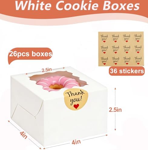26 Pcs Cookie Boxes with Window, 4x4x2.5 Inches, for Dessert Pastry