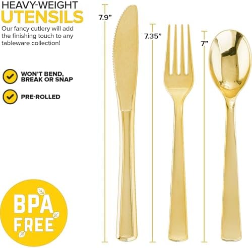 400PCS Pre Rolled Gold Plastic Silverware Set Heavy Duty for Wedding