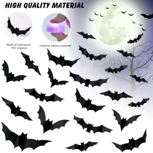36 PCS LED Purple Lighted 3D Bats Halloween Decoration,5 Sizes & 4 Shapes