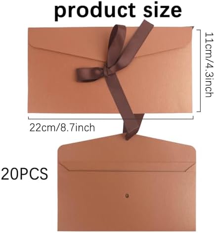 20 Pack Pearlescent Bronze Decorative Envelopes with Ribbon Bow, 8x4 Inch Christmas Cash Gift Envelope, Greeting Invitation Envelope Classical Pure Set for Wedding Birthday Festival and Party