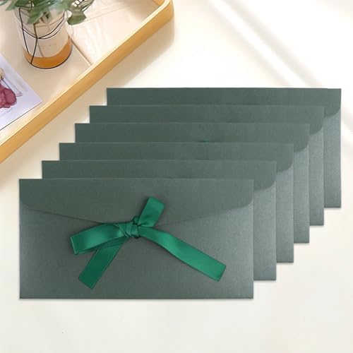 20 Pack Pearlescent Green Decorative Envelopes with Ribbon Bow, 8x4 Inch Christmas Cash Gift Envelope, Greeting Invitation Envelope Classical Pure Set for Wedding Birthday Festival and Party