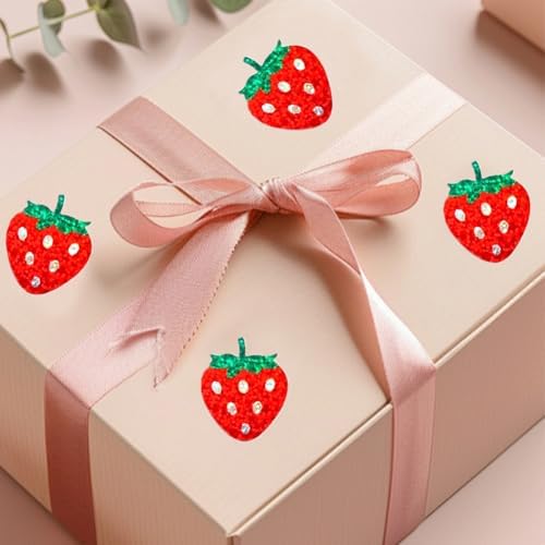 500Pcs Holographic Strawberry Stickers for Kids 1in Laser Waterproof Sticker Roll Red Strawberry Self-Adhesive Sticker Rolls for Bottle Scrapbook Journal Envelope Decorations