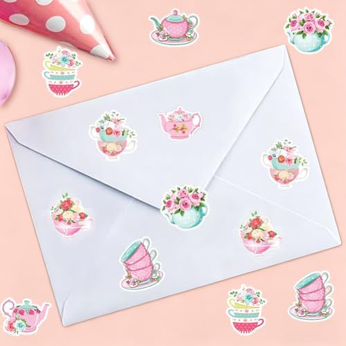 500Pcs Tea Gathering Stickers Roll 8 Designs Pink-Themed Flowers Stickers 1in Self-Adhesive Waterproof Sticker for Birthday Party Envelopes Scrapbook Decorations
