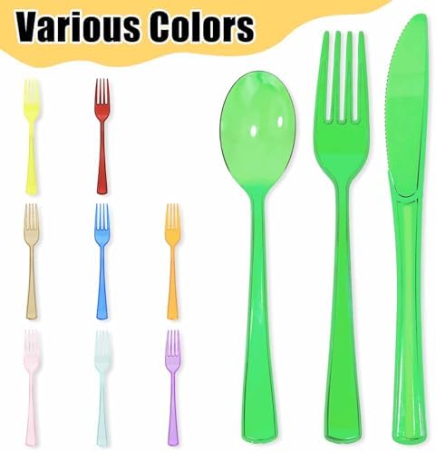 HEIPINIUYE 75 Pack Green Clear Plastic Cutlery Heavy Duty Clear Green Plastic Knives Forks and Spoons Disposable Silverware Set for 25 Guest Camping Birthday Baby Shower Party Utensil Set