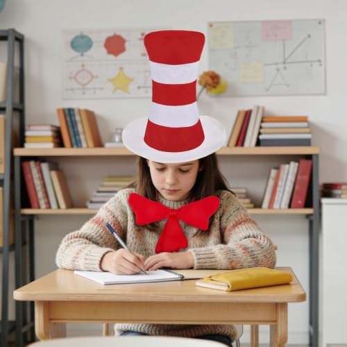 4 PCS Cat Hat Halloween Costume Accessories, Red White Striped Hat/Red Bow Tie/White Gloves for World Book Day Halloween Cosplay and Dress Up