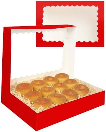 qiqee Auto-pop Up Red Cookie Box with Window 14x10x2.5 inch 24Pcs Bakery Pastry Macaron Bakery Box For Packaging