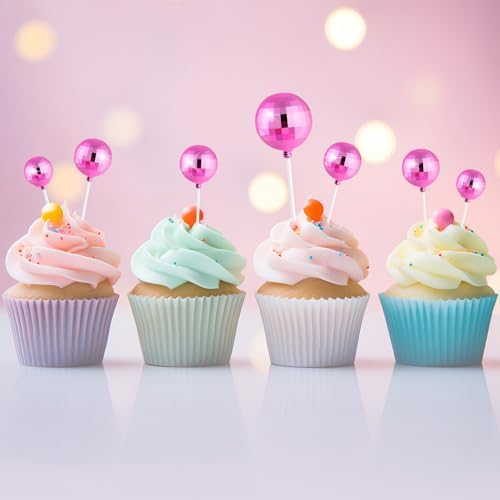 ASTARON 20 Pcs Pink Disco Balls Cake Topper Decorations for Birthday Cake