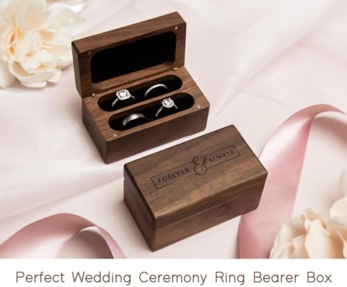 Engraved Walnut Quad Ring Box: "Forever & Always" Wood Ring Holder Case