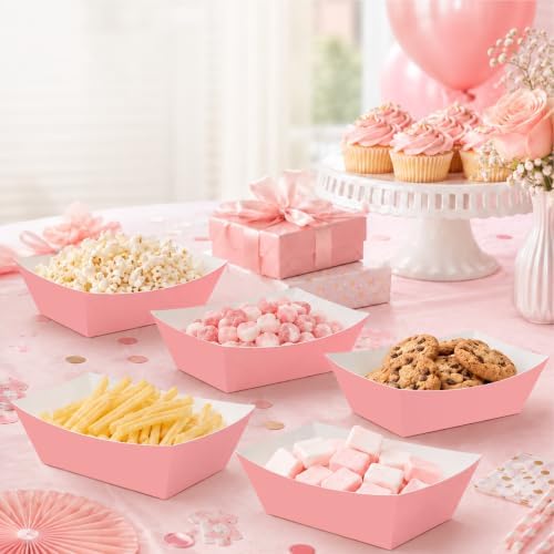 100 Pcs Pink Paper Food Trays, Pre-Folded Disposable Snack Boats for Popcorn, Candy, Fries, Nachos, Desserts and Snacks, Pink Party Supplies for Birthday, Baby Shower, Dessert Table