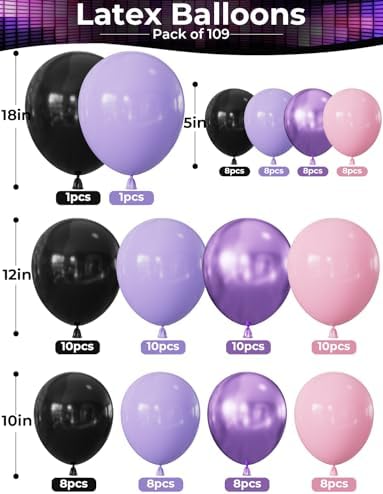 Pink and Purple Balloon Arch Garland Kit, 109PCS Pink Purple Black Balloons with Starburst Foil Balloons, Trendy Music Birthday Decorations for Girls and Teens, Concert and Movie Fans Party Supplies