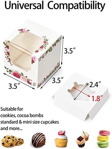 Happyhiram 50 Pack Rose Floral Single Cupcake Boxes with Inserts & Window