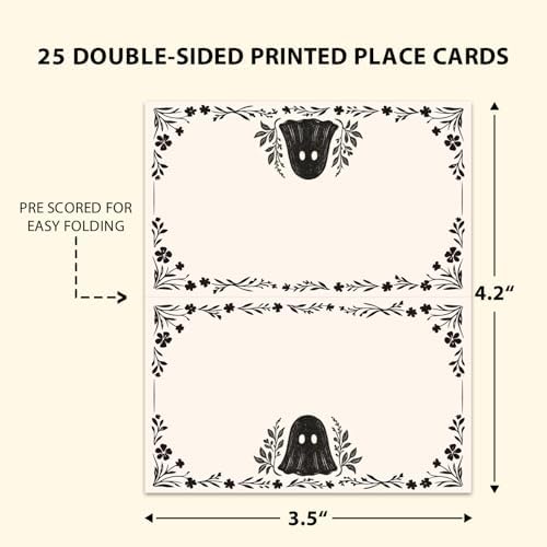 Halloween Place Cards for Table Setting, Ghost Tent Cards Decor For Birthday Baby Shower Autumn Party Reception Decorations, Bridal Shower Place Card, 25 Pack Birthday Food Name Card 2 x 3.5" /034