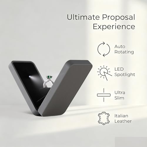 sunking Gray Italian Leather Rotating Engagement Ring Box For Proposal Wedding Day Anniversary Ring Box With Led Light Fits Ring Sizes 3-12