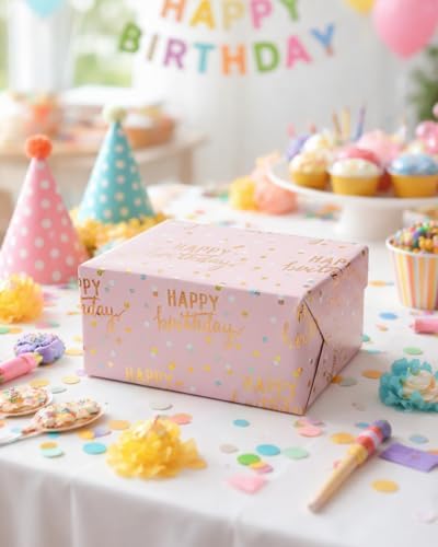 MAYPLUSS Birthday Wrapping Paper Roll, Pink Metallic Holographic Happy Birthday Wrapping Paper Featuring Revesible Stripe Gift Wrap Paper for Girls Boys Kids Men, 17 Inches x 33 Feet