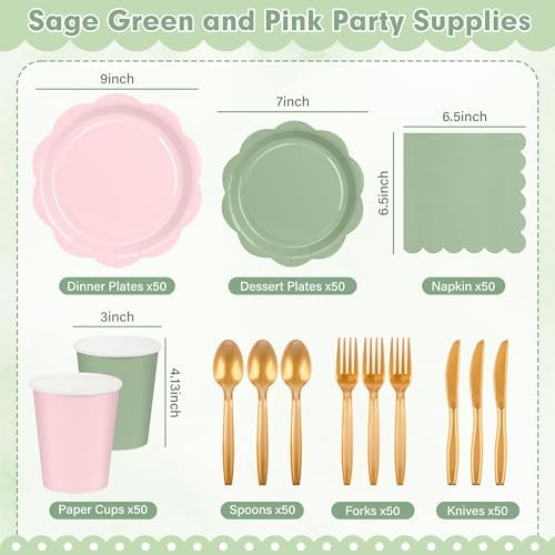 350 Pcs Sage and Pink Paper Plates and Napkins Party Supplies - Pink and Green Birthday Decoration Include Dusty Pink Sage Green Scalloped Plate Napkin Cup & Cutlery for Baby Shower, Wedding, Birthday