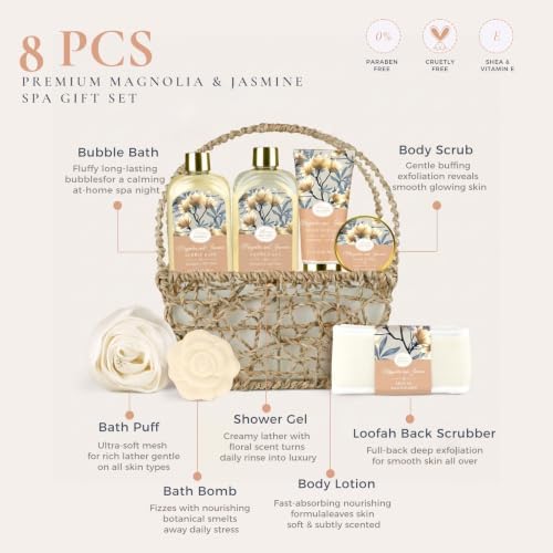 Gift Basket for Women, 8pcs Magnolia & Jasmine Spa Gift Baskets for Women