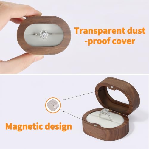 KUKUVR Oval Wooden Ring Box with Clear Window, Ring Holder Box for Wedding Day Engagement Proposal, Jewelry Gift Storage Box for Women (White - 1 Slot)
