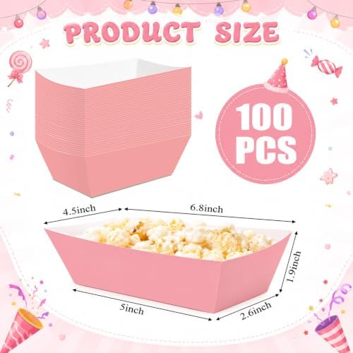 100 Pcs Pink Paper Food Trays, Pre-Folded Disposable Snack Boats for Popcorn, Candy, Fries, Nachos, Desserts and Snacks, Pink Party Supplies for Birthday, Baby Shower, Dessert Table