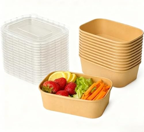 25 oz 50 Pack Paper Meal Prep Containers with Lids, Disposable Food Containers, Brown Rectangular Paper Bowls with Lids for Snacks, Salad, Soup, Thanksgiving, Christmas