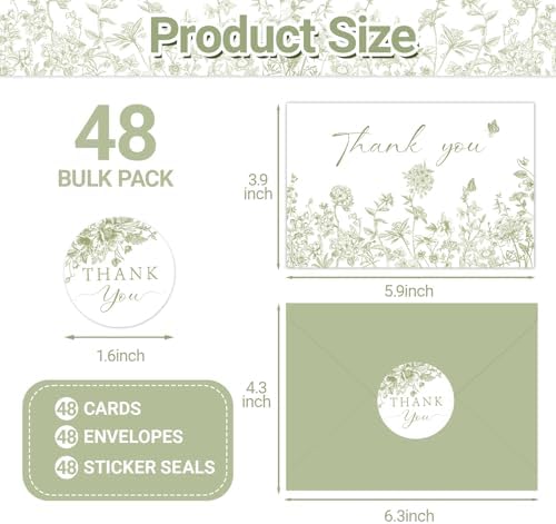 48 Pack Green Floral Thank You Cards With Envelopes Stickers, Summer Wedding Floral Thank You Card Greenery Bridal Shower Birthday Supplies