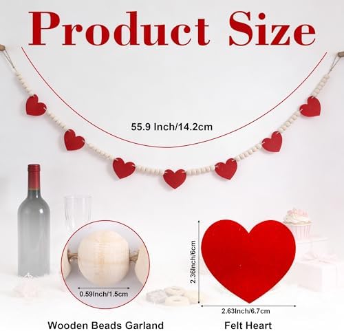 Valentines Day Decorations - Wood Bead Garland with Felt Red Hearts for Valentines Day Decor, Valentine Heart Garland Valentine's Banner for Galentines Day Decorations, Farmhouse, Wedding, Anniversary
