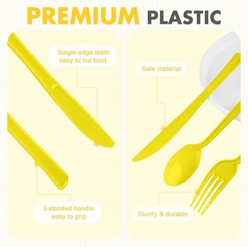 Kochorie 300 Pieces Yellow Plastic Silverware, Disposable Plastic Utensils