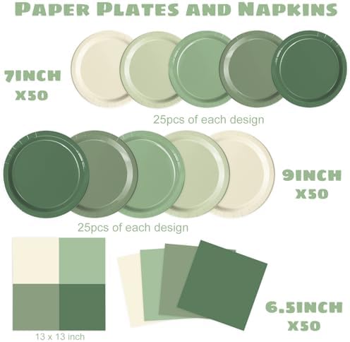 Oigco 150 PCS Sage Green Paper Plates, Sage Green Birthday Decorations, Disposable Plates and Napkins for Birthday Wedding Bridal Baby Shower Party Supplies, Serves 50