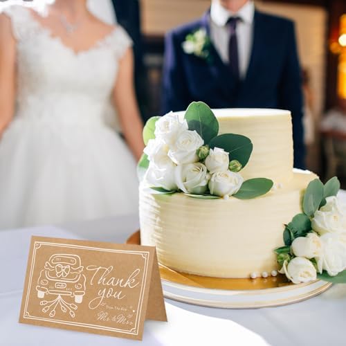 Whaline 24 Pack Wedding Kraft Thank You Cards The New Mr & Mrs Car Cake Thank You Blank Note Card Greeting Cards with Envelope Sticker for Bridal Shower