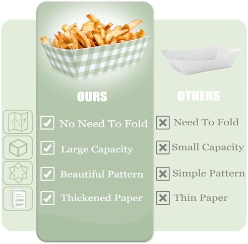 100 Pcs Sage Gingham Paper Food Trays, Pre-Folded Light Green Checkered Disposable Food Boats for Hot Dogs, Fries, Nachos, Snacks, Carnival, Picnic, Baby Shower, Rustic Wedding, BBQ Party Supplies