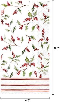 IHR Ideal Home Range Dinner Napkins Disposable 3-Ply Paper Hand Towels, 8.5" x 4.5", Christmas Ilex Berries, 16-Count