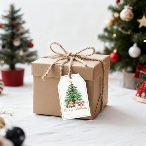 joycraft 50Pcs Merry Christmas Tags with String, Christmas Tree Gift Tags