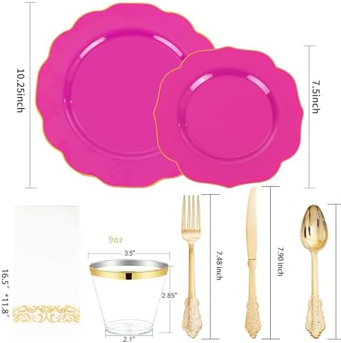 NOCCUR 175PCS Hot Pink Plastic Plates with Gold Disposable Silverware - Include 50 Hot Pink Plates,25 Knives,25 Forks,25 Spoons,25 Cups and 25 Napkins - Ideal for Party/Wedding/Banquet