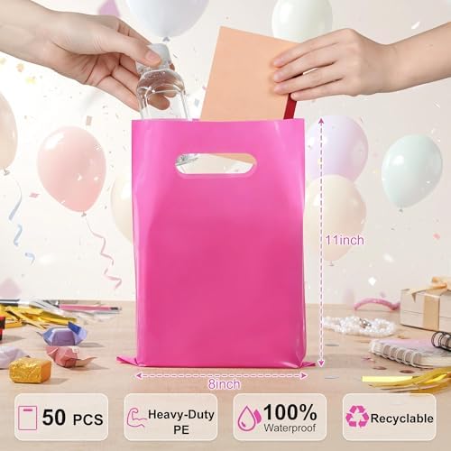 VieFantaisie 50 PCS Hot Pink Party Favor Bags, 8" x 11" Goodie Bags for Candy Treat Craft Easter Egg, Plastic Gift Bag with Die Cut Handles for Birthday Party, School Events & Small Business, Wedding