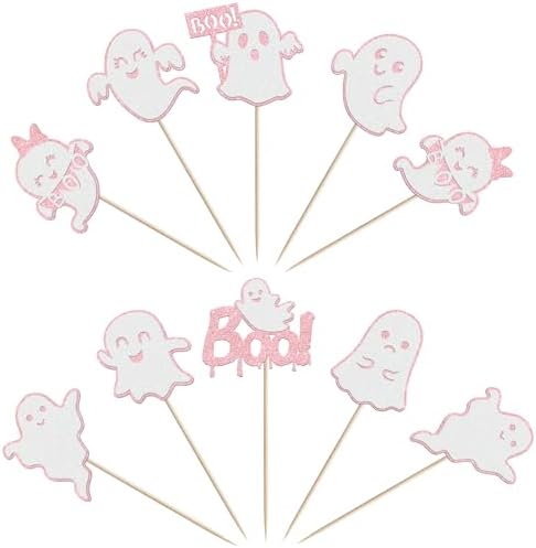 Rsstarxi 24 Pack Halloween Ghost Cupcake Toppers Glitter Pink Ghost Cupcake Picks Decorations for Happy Boo Day Birthday Baby Shower Halloween Party Cake Decorations Supplies