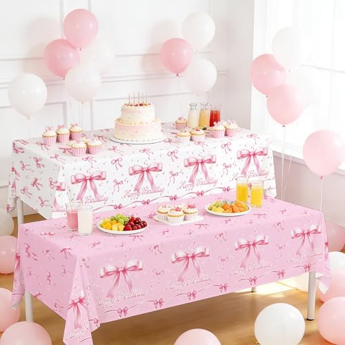 Gatherfun Pink Bow-Themed Party Supplies Set for Women: Happy Birthday & Bachelorette Decorations Combo - Includes 2 Disposable Tablecloths (54 x 108 inch) for Birthday & Tea Party Decorations