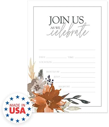 Canopy Street Indie Autumn Floral Fill In Invitations / 25 Fall Invites With White Envelopes / 5" x 7" Boho Gray And Orange Autumn Bridal Shower Invitation/Made In The USA