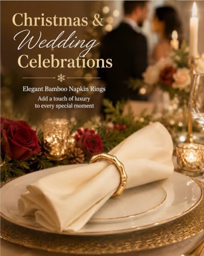 Gold Bamboo Napkin Rings Set of 12 for Weddings and Holiday Tables