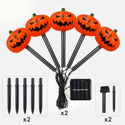 BRIGHTDECK Halloween Solar Pathway Lights Outdoor, LED Decor, Light Up Solar Stake Lights for Holiday, Halloween, Walkway, Sidewalk (Flat Pumpkin, 10-Pack)