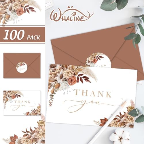 Whaline 100Pcs Fall Floral Thank You Cards with Envelopes Stickers Boxed Greeting Cards Watercolor Boho Flower Leaves Note Card for Autumn Thanksgiving, 4 x 6 Inch