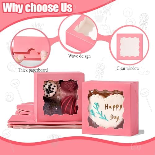 3.2x3.2x1.5 Inches 100PCS Chocolate Truffle Boxes Mini Bakery Boxes with Window for Cookies,Soap,Donut, Macaron,Brownie(Pink)