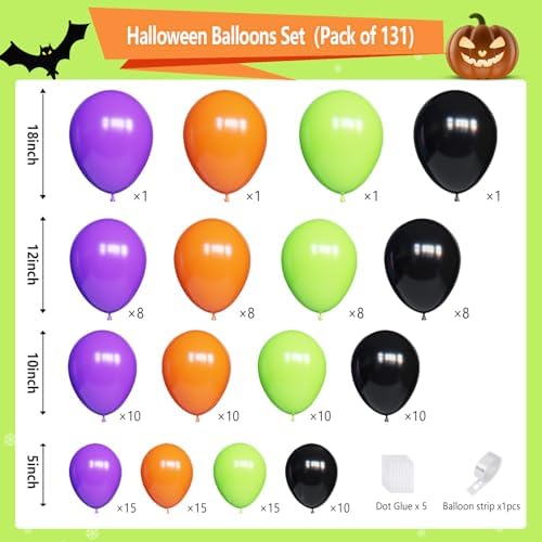 Halloween Balloons Arch Kit, 131pcs Black Purple Orange Green Balloons